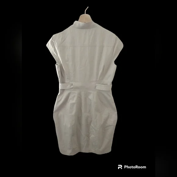 Calvin Klein Cap Sleeve Band Collar Button Front‎ Sash Belt Beige Dress Size 10 - Picture 2 of 11